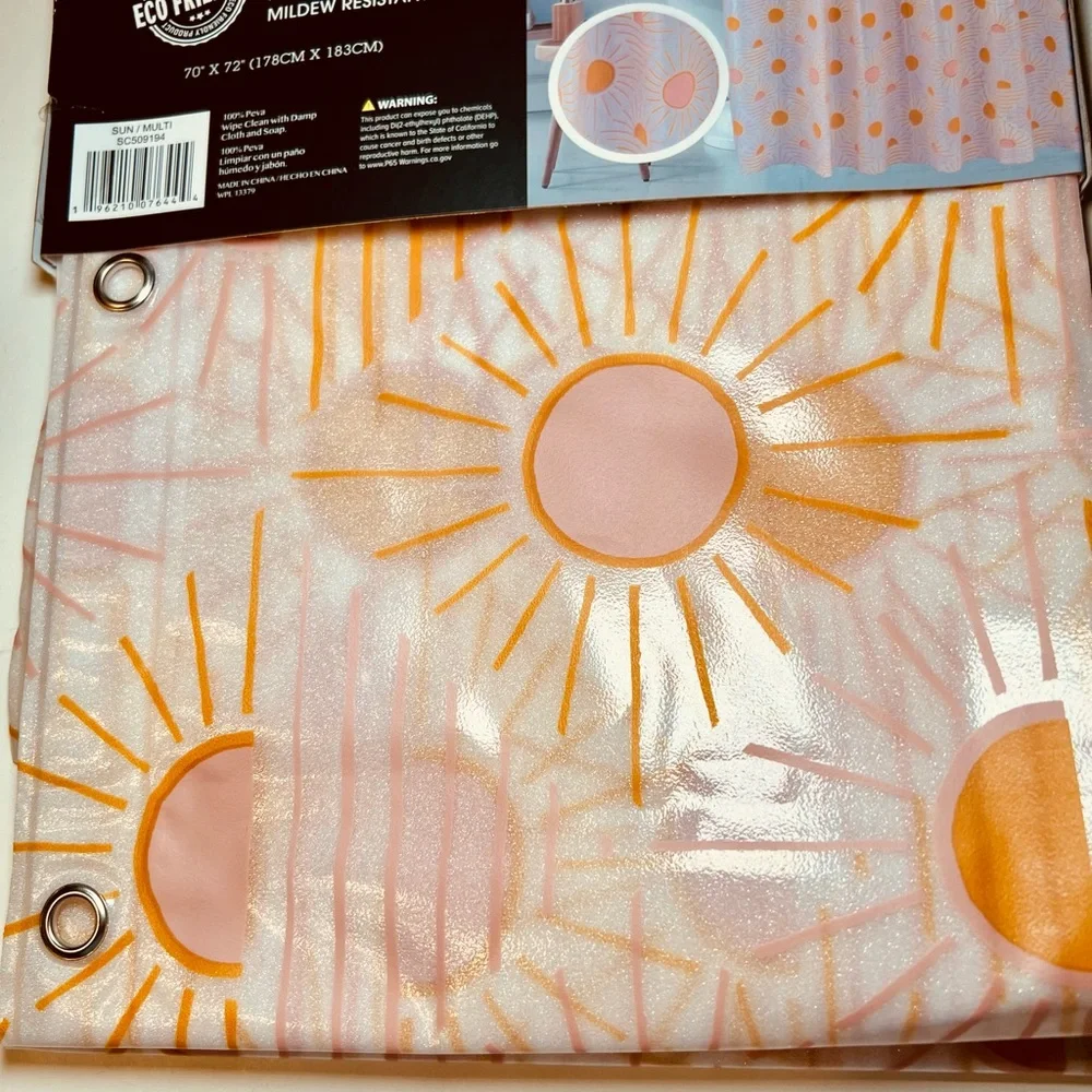 Golden Orange & Pink Sunshine Peva Glitter Shower Curtain Sun Sunburst
